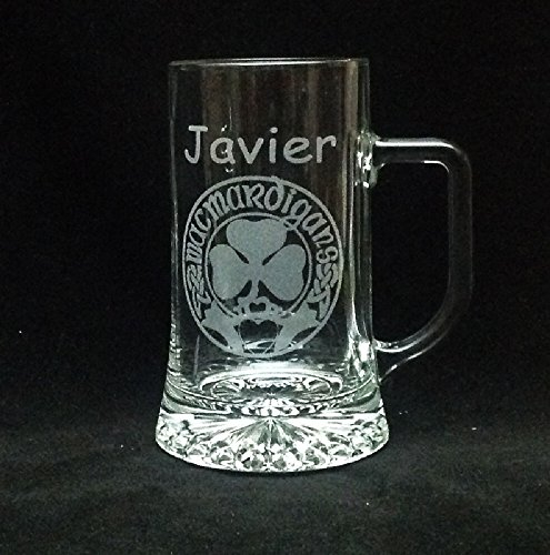 regalo grabado Jarra de Cerveza grabada con Dibujo, Nombre, Logo, Escudo. como desee. Vidrio (Asa a la Derecha)