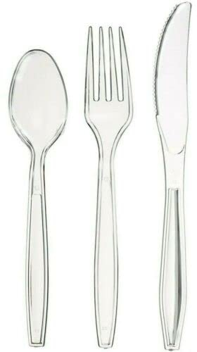 eMKay Set di 150 posate in plastica trasparente resistente riutilizzabile [50 cucchiai, forchette, coltelli] perfetto per feste di compleanno, buffet, picnic, campeggio, trasparente (eMKay-150-CCS)