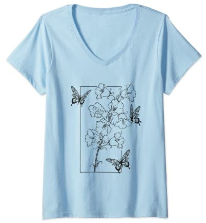 Damen Florale Blume Glockenblume Lineart mit Schmetterlingen Wildblume T-Shirt mit V-Ausschnitt