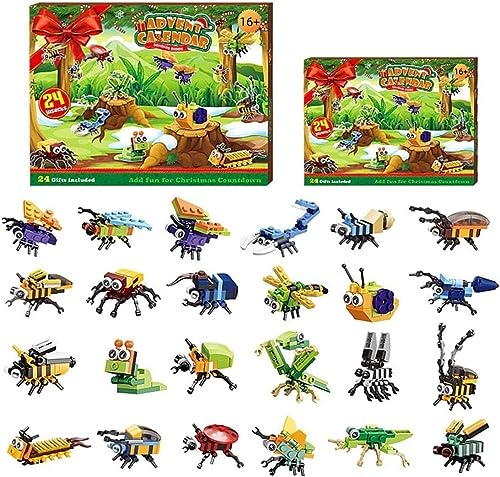 Pasyru 24 Insekt Klemmbausteine Set, Adventskalender 2023 Insekt Bausatz, 24 Kleines Insekt + 2 Groß Lord Insektenkönige, Geschenkbox für Jungen und Mädchen für Kinder
