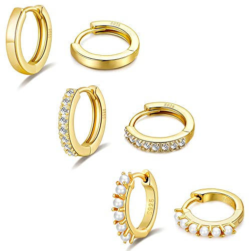 3 Paar goldene Huggie-Creolen für Damen, 14 Karat vergoldet, hypoallergen, leichte Mini-Perlen-Huggie-Ohrringe mit kleinen goldenen Creolen aus Zirkonia