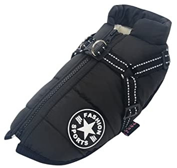 Ectkuee Hundejacke Winterweste Mit Geschirr, Wasserdichter Hundemantel für Kleine Hunde, Maschinenwaschbar, Reflektierender Streifen, Haltbarer D-Ring (Black-XXL)