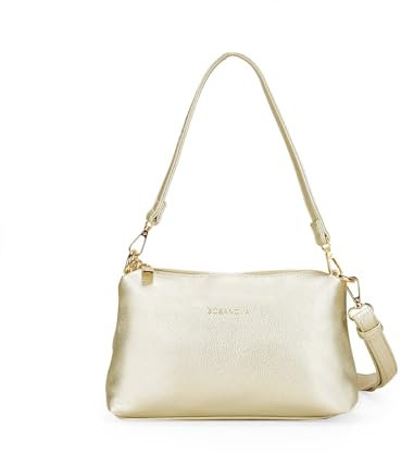 BOSANOVA Bolso de Hombro Mediano con Detalle de Logo en la Parte Frontal, asa de Hombro y también con asa de Cruzar extraíbles. Cierre con Cremallera. Oro U