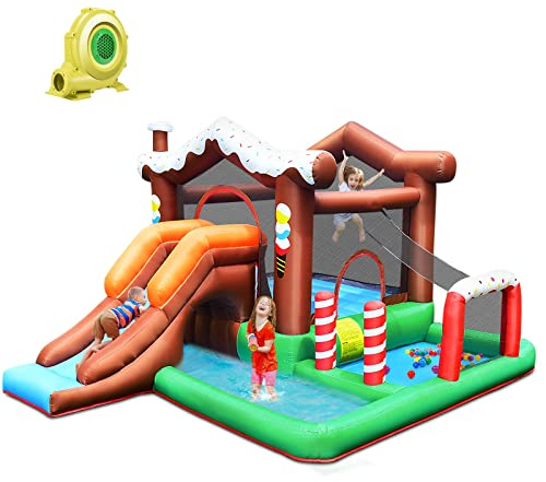 DREAMADE Aufblasbare Hüpfburg, Wasserspielcenter mit Rutsche & Kletterwand für Kinder 3-10 Jahre, 380 x 330 x 220cm Wasserpark für Garten & Hinterhof & Indoor (mit Gebläse)
