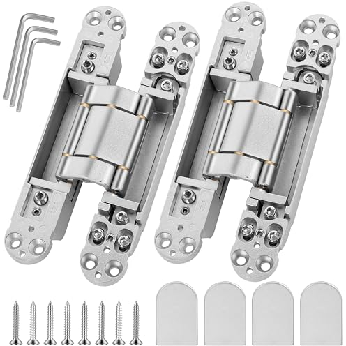 Hidden Door Hinges Invisible Hinges - 7 Inch Heavy Duty Zinc Alloy 3 Way Adjustable Butt Hinge, 180 Degree Swing Concealed Hinge, Upgraded Copper Structure Support, 7 x 2.8 x 1 Inch (2 Hinges, Sliver)