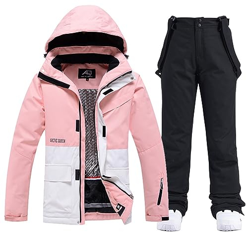 Mode Frauen hohe wasserdichte winddichte Snowboard bunt bedruckte Skijacke und Hose, Pink/Schwarz, XX-Large