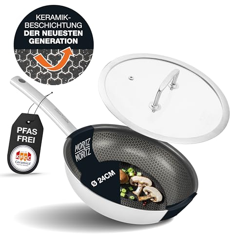 Moritz & Moritz Edelstahlpfanne mit Deckel 24cm und Keramikbeschichtung der neuesten Generation - für alle Herdarten geeignet - Antihaft Pfanne Wabenstruktur zum Kochen, Braten und Schmoren