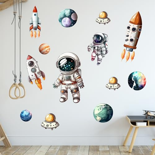 GRAZDesign Wandtattoo Astronaut Set 57x57cm, Wandsticker Weltall Mond Deko COOL, Kinderzimmer Junge Planeten
