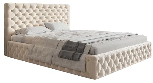Emporius Doppelbett 180x200 Furis - Polsterbett mit Samtstoff, Schlafzimmerbett 180x200 - Bettkasten, Lattenrost, Design Bett (Beige - Amor Velvet 4302)