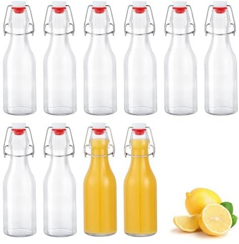 Lot de 10 Bouteille en Verre avec Bouchon Mécanique 250ml, Bouteille en Verre avec Bouchon, Bouteille Vide Verre pour Liqueurs, Huile, Vinaigrette, Bière, Jus