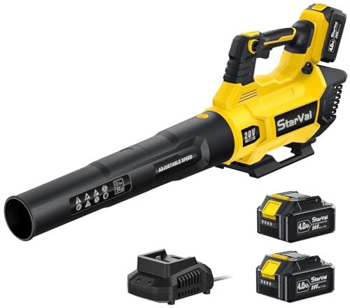 StarVal Leaf Blower, 20V Cordless Leaf Blower with 2 x 4.0Ah Battery and Charger, 2 Modes, Electric Blower for Porches,Patios, Garage Cleaning (Yellow)