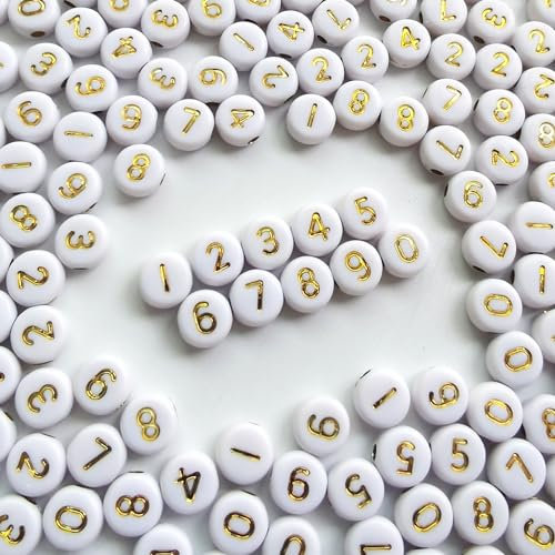 Lnvision 500 Stück Gold Zahlenperlen 0 bis 9 Acryl Zahlen Perlen Rund 7x4mm Spacer Perlen für Schmuck DIY Basteln