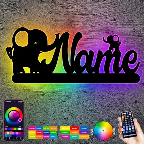 LEON FOLIEN RGB LED Deko Schlummerlicht Nachtlicht Elefant, personalisiert mit Wunsch Namen Abendlicht Kinderzimmer Wohnzimmer Geschenk Für Babys & Kinder