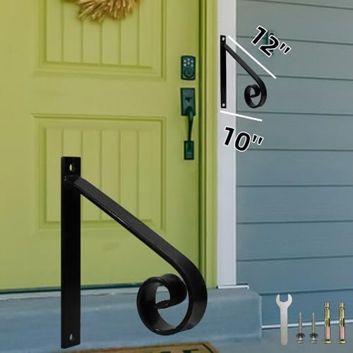 Vlaeng 12inch Handrail for Outdoor Steps, Single-Step Stair Handrail - Wall Mounted Wrought Iron Hand Railing - Powder Coated Carbon Steel - Black