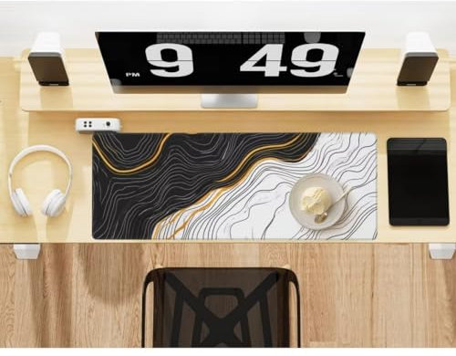 Black White Mouse Mat Large Desk Mat 35.4 x 15.7 Inch, Topographic Mouse Pad Gaming Mousepad, Waterproof Keyboard Mat Durable, Non-Slip Rubber Base Mouse Mats for Desk Office Gaming Home Decor -484HDM