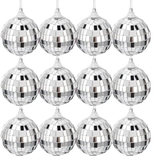 12 Pcs 2 Inch Silver Mirror Disco Balls - Christmas Tree Decorations, Baubles for Party, Wedding, Home Decoration, Stage Props
