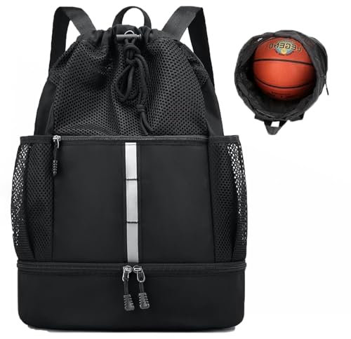 Kordelzug Gym Bag, Basketball Tasche für Herren & Damen – Mesh Sport Rucksack mit Nassfach & Schuhfach, Leichter Strand- & Schwimmtasche (Black)