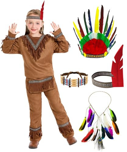 Velmawig Costume da indiano per bambini e bambine, con accessori per carnevale, costume da indiano, per la casa, per cosplay con copricapo, collana girocollo per Halloween, feste di Halloween, VL011-L