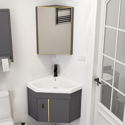 ZYZSY Eckwaschbecken mit Unterschrank, Wandmontiertes Keramikwaschbecken mit Spiegelschrank, Eck-badezimmerschrank mit Hahnloch, Badmöbel-Set für Badezimmer & Gäste-WC(42cm/16.5)