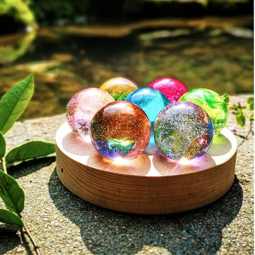 7 bolas de cristal de colores con lámpara LED, soporte de madera, chakras, esferas naturales, luz nocturna, bola de cristal brillante for regalo de cumpleaños, adorno, decoración del hogar(7 disc base