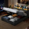 Bett 140 x 200 cm mit Lattenrost, LED und USB, Bett mit Stauraum und Kopfteil, Doppelbett mit Lattenrost, für 2 Personen, PU, Schwarz (PU, 140 x 200 cm)