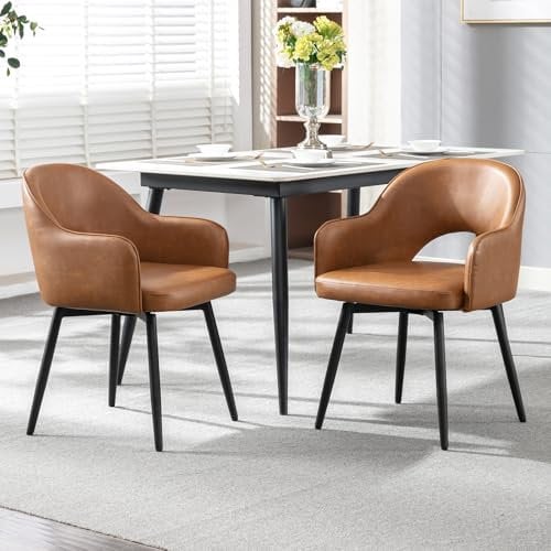 Ya-Home Esszimmerstühle 2er Set, Drehbare Küchenstühle mit Armlehne PU-Kunstleder Polsterstuhl Metallbeine für Esszimmer/Restaurant/Wohnzimmer.Braun