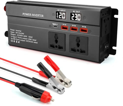 WODHMIEY 1000W Kfz Wechselrichter 12V/24V auf 230V–Auto Spannungswandler mit 3 Steckdose, 2 USB, 1 Type-C, Schnellladung, Dual-LED-Display, für Camping, Reisen, Wohnmobil, LKW & Notfallstromversorgung