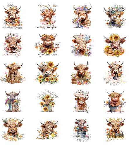 Highland Cow Glass Cups Stickers - 20 Sheets Rub On Transfers Stickers Craft Highland Cow Sunflower UV DTF Cute Animal Theme Waterproof Transfer Sticker Decals for Cup Wrap Glass DIY Crafts Gifts