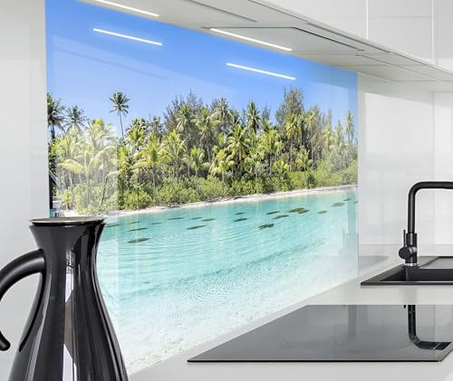 timalo Küchenrückwand Glasoptik | 100 x 50 cm Meer, Malediven, Strand, Karibik, Palmen | Acryl Glas 2mm | Spritzschutz Wand für Herd, Küche Glasrückwand Acrylglas Wandpaneele Rückwandschutz Platte