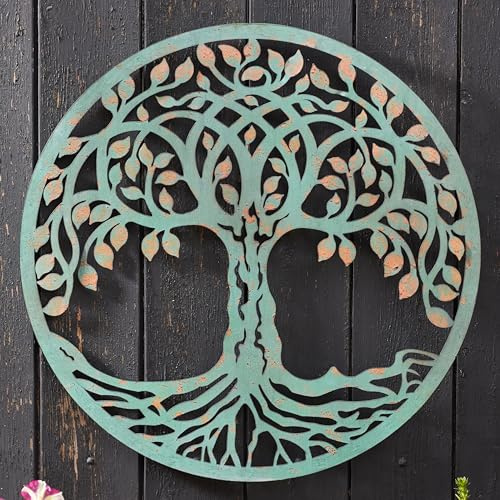 Tree of Life Garden Wall Art 60cm – Decorative Verdigris Iron Indoor Outdoor Plaque Sculpture Ornament with Integral Hanging Hook for Balcony, Fence, Patio, Decking, Garage, Shed, Yard (60cm)