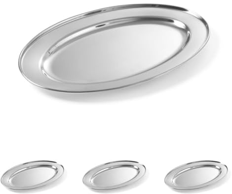 HENDI Plato oval de servicio, bandeja multiusos para cocina, decoración y presentación de alimentos, carnes y fiambres, fuente de fiesta, 400x260x(H) 27mm, acero inoxidable (Paquete de 4)