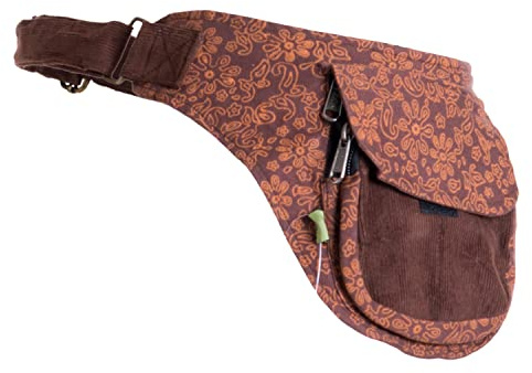 Vishes- Alternative Bekleidung - Bauchtasche aus Cord Baumwolle - Blumen Bedruckt braun-orange