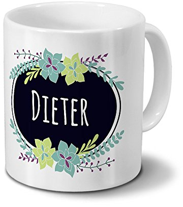 printplanet Tasse mit Namen Dieter - Motiv Flowers - Namenstasse, Kaffeebecher, Mug, Becher, Kaffeetasse - Farbe Weiß