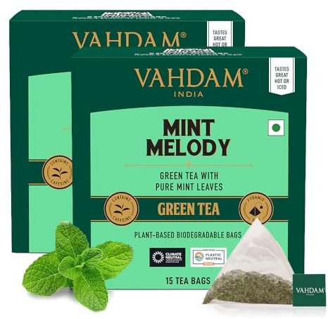 VAHDAM, Mint Green Tea Bags (30 Count) 100% Pure Leaf Tea, High Grown, Low Caffeine, Non GMO, Gluten Free | Individually Wrapped Plant-Based Pyramid Tea Bags | Direct from Source