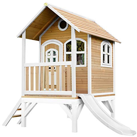AXI Spielhaus Tom mit weißer Rutsche | Stelzenhaus in Braun & Weiß aus FSC Holz für Kinder | Spielturm für den Garten