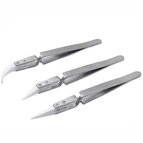 Bestgle 3pcs Ceramic Tweezers Set, Precision Stainless Steel Antistatic Pointed Tweezers Kit for Electronics, E-Cigarette, Jewelry-Making and Laboratory Work