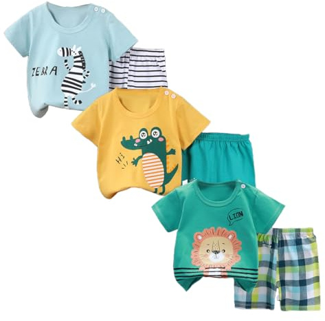 XM-Amigo Lot de 3 Ensembles Bébé et Garçon T-Shirt Short Manches Courtes | Vêtements en coton à manches courtes, adaptés comme sous-couche en mi-saison,3 Mois à 7 Ans