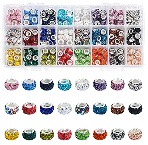 nbeads 240 STK. Strass Europäische Perlen, 24 Farben Polymer Clay Rondelle Charm Perlen Crystal Pave Disco Spacer Perlen Mit Großem Loch Und Messingkernen Für Die Schmuckherstellung