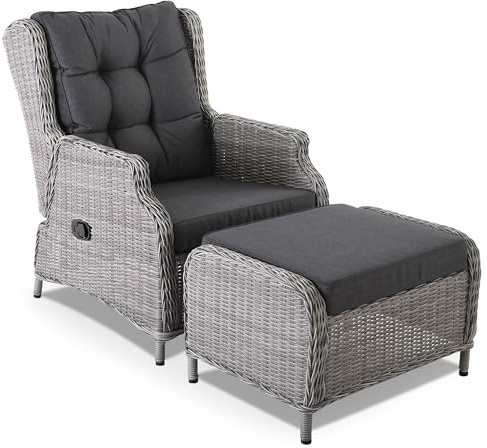 Raburg Gartenstuhl mit Relaxfunktion, Gartensessel-Set mit Hocker, inkl. bequemen Polstern, 130 kg Belastbarkeit, pflegeleichtes & wetterfestes Polyrattan - Sophia | Hellgrau/Dunkelgrau