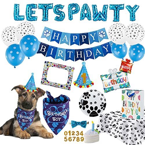 TCBOYING Geburtstagsparty-Zubehör für Hunde, Hundegeburtstagsbandana, Spielzeug, Tischdecke, Kuchen, Junge, Hut, Schals, Flaggenballon mit niedlichem, Geburtstagsparty-Zubehör, Dekorationen