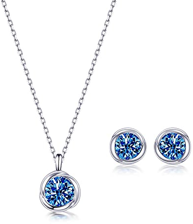 immobird Schmuckset Silber 925 Damen mit September Geburtsstein 5A blau Zirkonia Stein Kette und Ohrringe Set Geschenke Für Frauen Mama Frau Mädchen