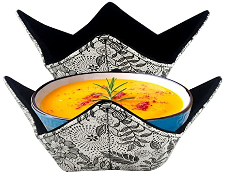 2Pcs Bowl Huggers, Cotton Microwave Safe Hot Bowl Holder, Hot Soup Bowl Holders To Keep Your Hands Cool and Your Food Warm, Multipurpose Bowl Cozies For Soup, Rice and Pasta Bowls(Black)