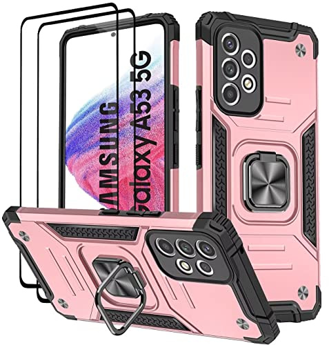 KANSi Coque pour Samsung Galaxy A53 5G, Verre Trempé [2 Pièces] + Housse TPU Silicone Rotation 360° Aimant Anneau Support Double Défense Protection Etui - Or Rose