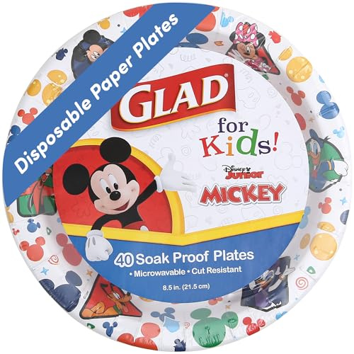 Glad Assiettes en carton Disney Mickey et ses amis 21,6 cm | Assiettes en carton Mickey et ses amis, assiettes à goûter pour enfants | Assiettes en carton Mickey Mouse pour un usage quotidien,