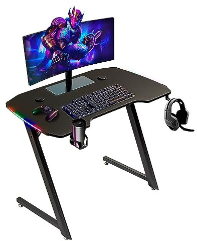 Baroni Home Scrivania Gaming per Computer Ergonomica con Supporto e Gancio Cuffie e Porta Bicchiere, Tavolo da Gioco in MDF e Acciaio, con Luci LED Multicolore,100x60 cm