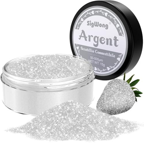 SigWong Paillettes Comestibles, 15g Colorant Alimentaire Poudre Alimentaires pour Un Cocktail, Paillettes À Boire pour Liqueur, Vin, Champagne D'halloween-Argent