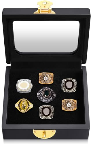 Equsion Championship Ringvitrine, flache schwarze Ringvitrine für mehrere Ringe für einzelne Replika, Baseball, Softball, Fußball, Sport, Souvenirs, Ringaufbewahrung, Organizer, Holzbox (7 Fächer)