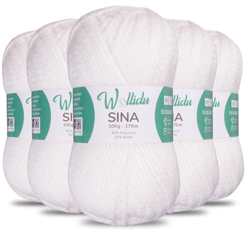 Wollidu Sina Wolle zum Stricken und Häkeln 500g Premium Strickwolle/Häkelwolle Set OEKO-TEX zertifiziert 5 x 100g/170m 80% Polyacryl 20% Schafwolle mulesing-frei - Weiß