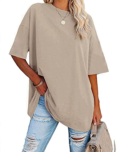 Ebifin Oversize T Shirt Damen Rundhals Kurzärmeliges Tops Casual Lockere Basic Sommer Tee Shirts Bluse.Khaki.L