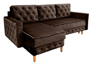 Ares Meble Ecksofa mit Schlaffunktion 227x144 cm - Ottomane Sofa L Form - L Couch 3 Sitzer - Schlafcouch mit Bettkasten - Samt Sofa Glamour - Chesterfield Sofas Ausziehbar - Beine aus Erle - Braun
